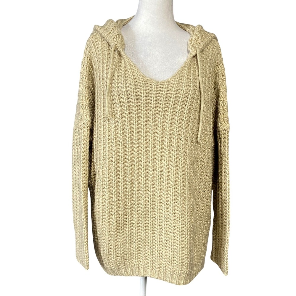 O&O Sweater Womens Size M/L Beige Hooded Mohair Chunky Knit Oversized Cozy